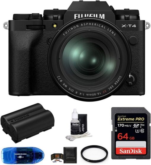 Appareil photo numérique sans miroir Fujifilm X-T4 avec objectif XF 16-80 mm f/4 R OIS WR (noir), comprend : carte mémoire SanDisk 64 Go Extreme PRO SDXC, batterie de rechange Fujifilm NP-W235 et plus (7 articles)