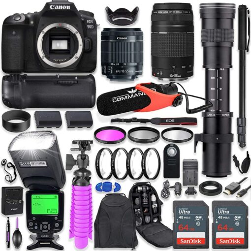 Kit appareil photo reflex numérique Canon EOS 90D avec objectifs Canon 18-55 mm et Canon 75-300 mm + objectif téléobjectif 420-800 mm