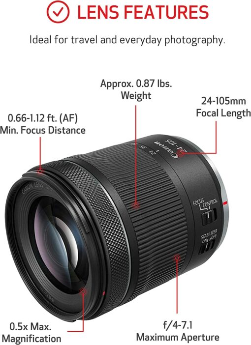 Kit d'objectif Canon EOS R RF24-105mm F4-7.1 IS STM, appareil photo Vlogging et créateur de contenu 4K UHD – Image 7